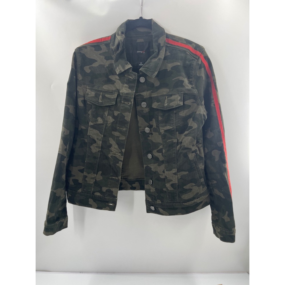Skinnygirl Jeans Camo Denim Jacket Red Stripe Sleeve Camouflage Utility Womens M